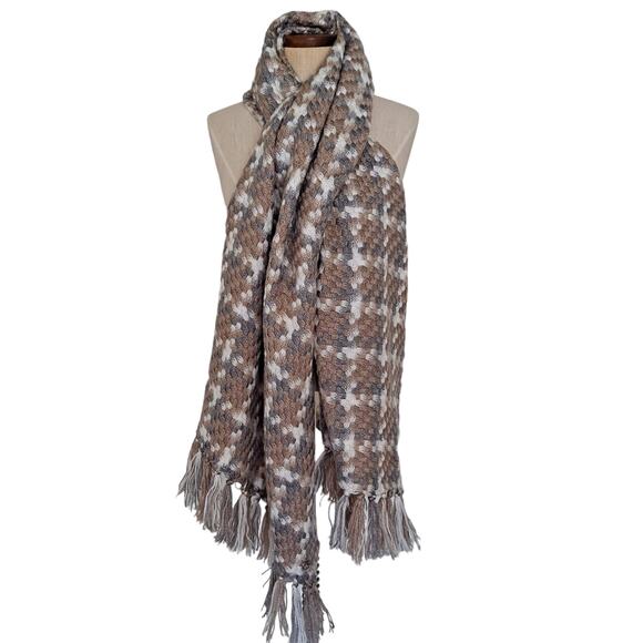 Calvin Klein Beige Tan & Olive Green Basket Weave Chunky Knit Scarf - 23" x 75" - Picture 1 of 13